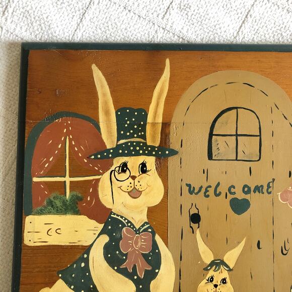 VTG Wooden Bunny Family Welcome Sign 17"x14.5" Hand Painted Cottage Farmhouse - Picture 4 of 12